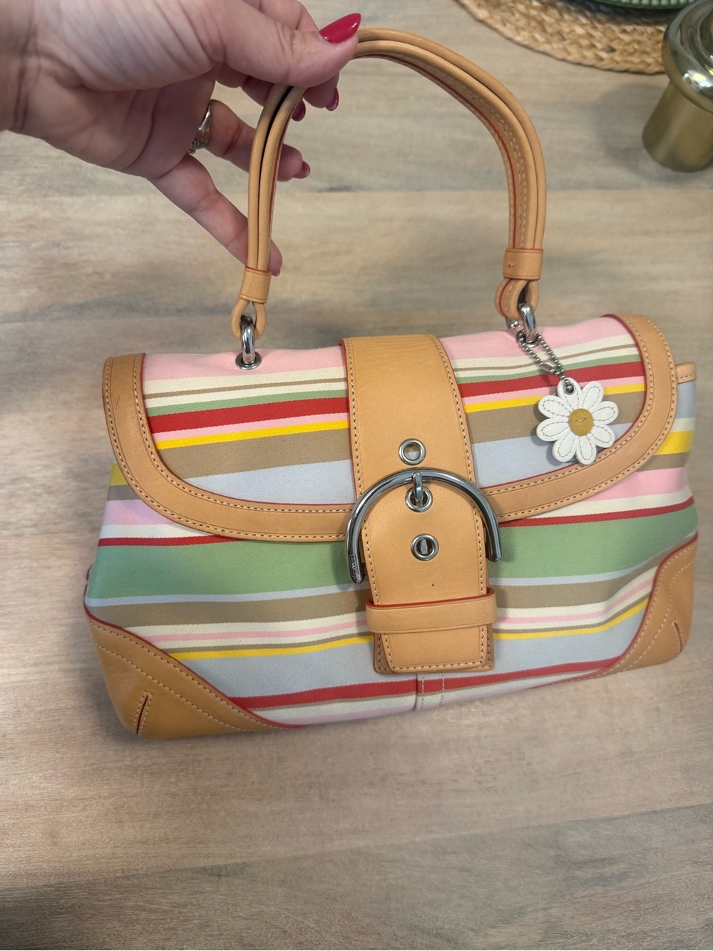 Coach Multicolor Stripe Top Handle Satchel with Tan Leather Trim